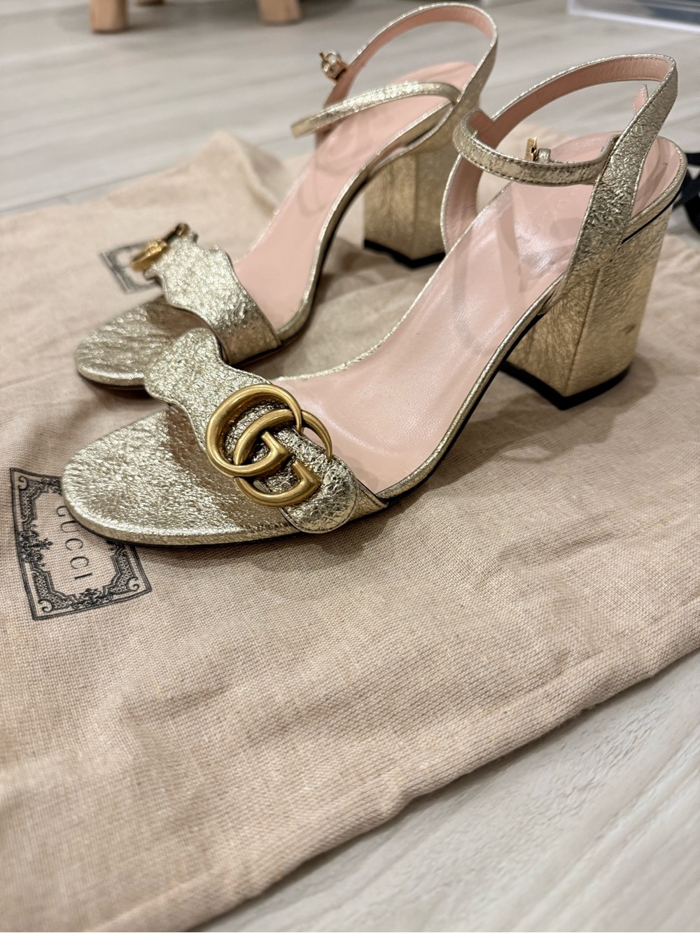 Authentic Gucci Metallic Gold Block Heel Sandals with Double G Hardware
